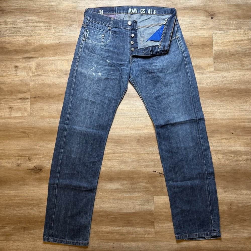 G-Star RAW Jeans Men 31x32 Blue Straight Leg Dark Wash Denim Distress Button Fly